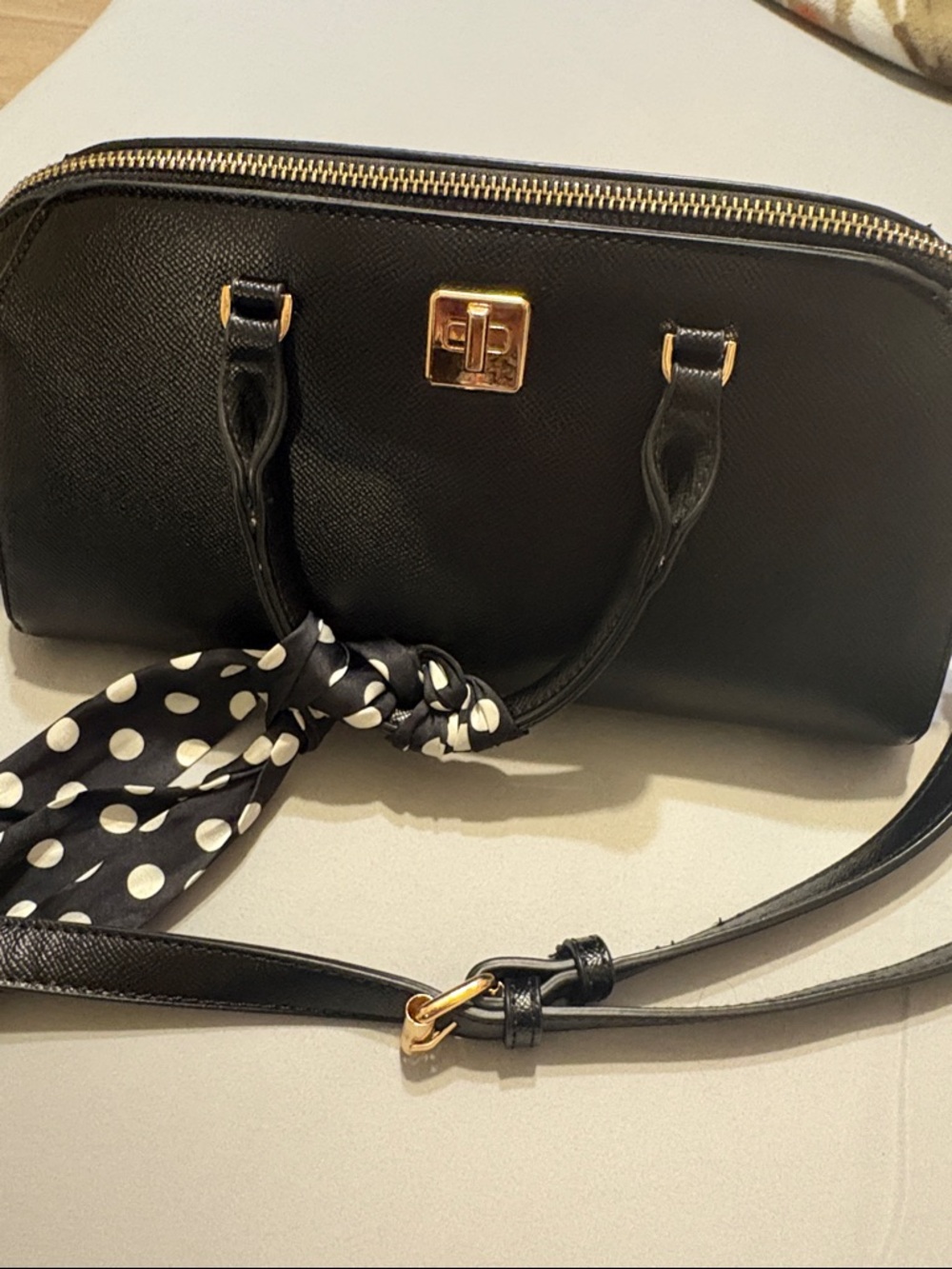 Black Leather Dome Satchel Handbag with Gold Hardware
